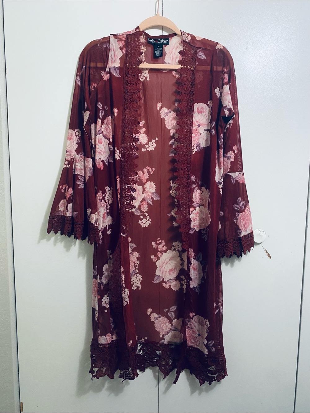 Polly & Esther Floral Whimsical Flowy Lace Shawl Cardigan Robe Size Medium